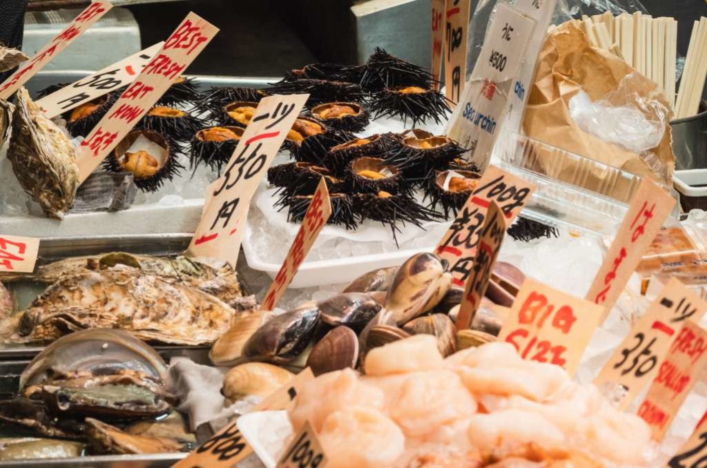 Variety of seafood sold at Nishiki market in Kyoto, Japan

