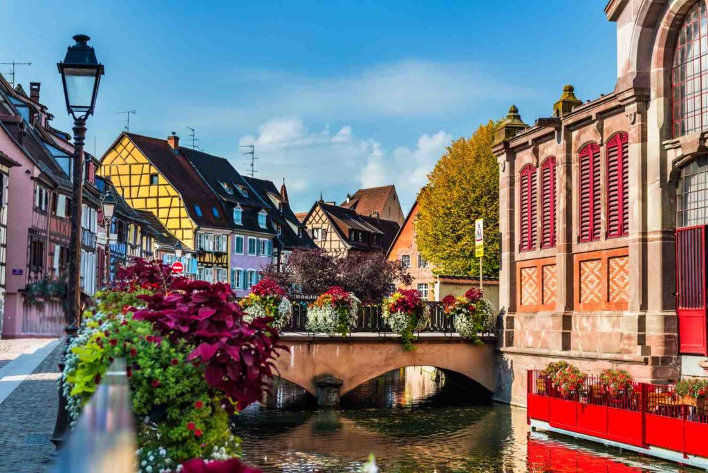 Colorful traditional french houses and shops in Colmar, Alsace,
